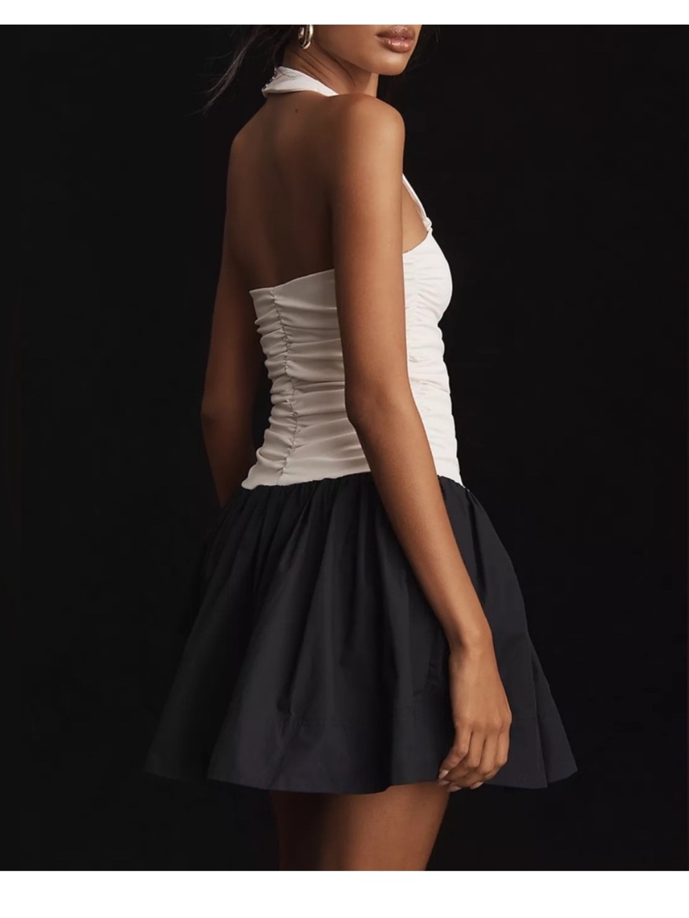 NWT Anthropologie - Maeve White Ruched Halter black & white mini dress - Picture 3 of 4